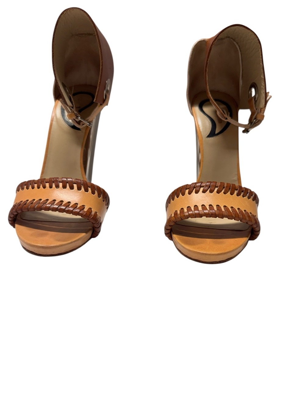 Etro Brown and Tan Braided Retro Diisco 70's whipstitch leather  Leather Heels